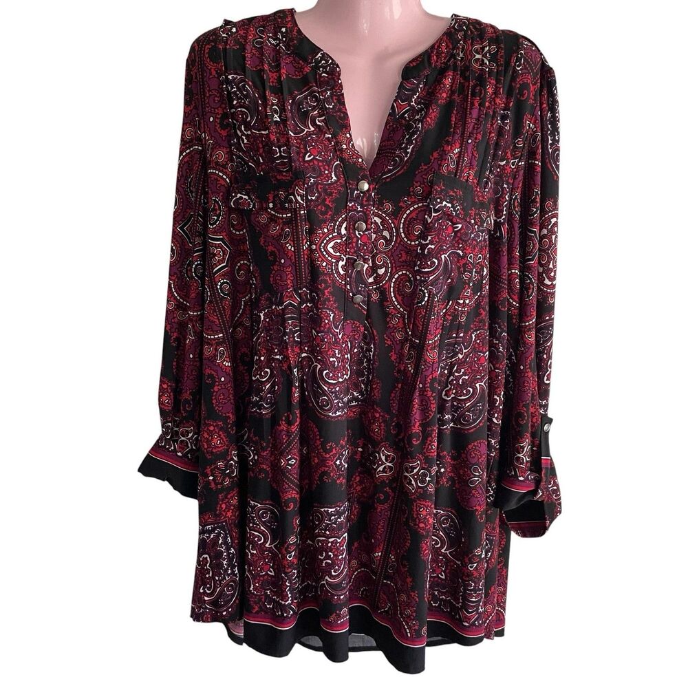 Cocomo Woman Tunic Top Womens 3X Red Paisley Roll Tab Sleeve Henley Blouse